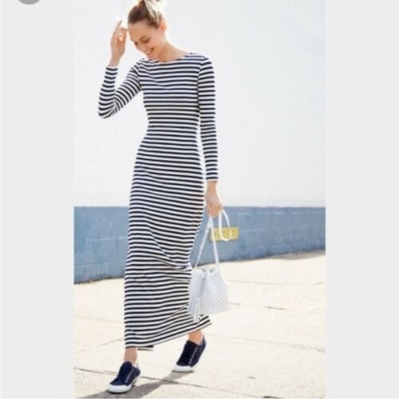 J.Crew Collection Maxi Dress Striped Navy White Long Sleeve Knit Cotton 4 - Picture 10 of 15